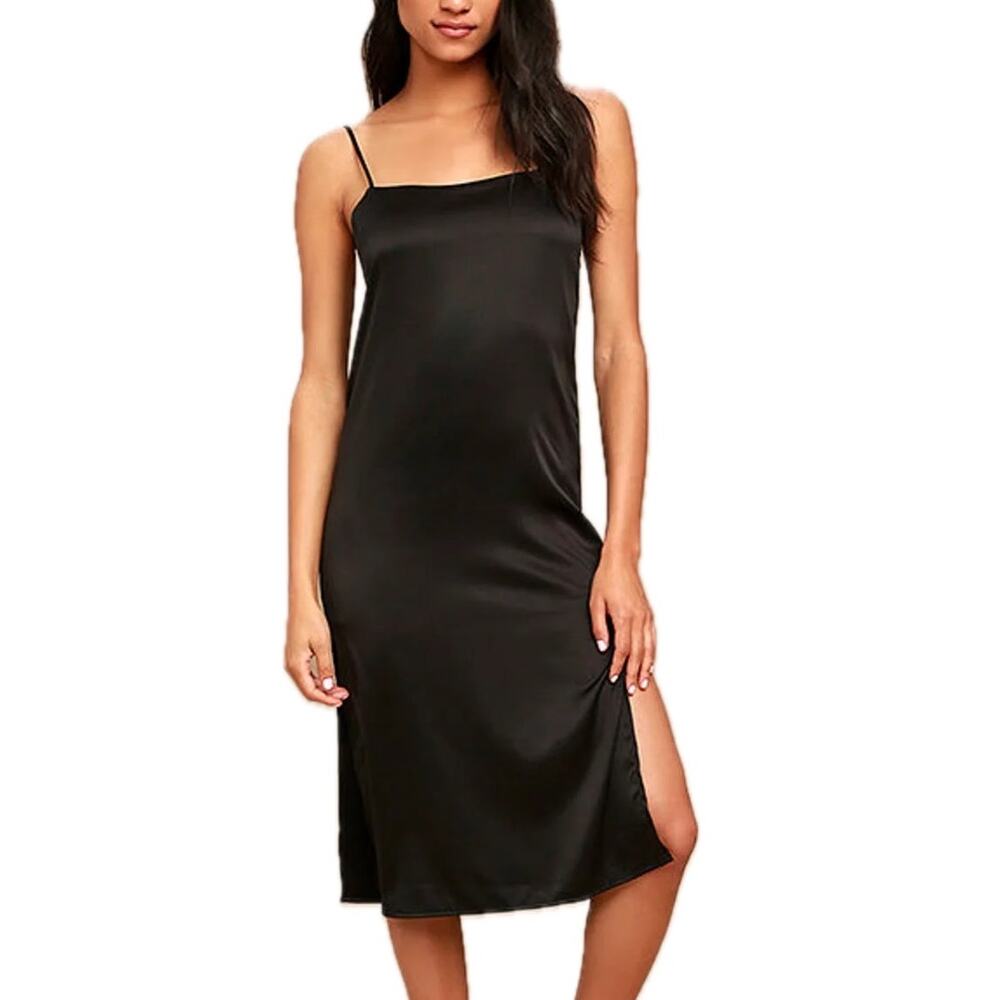Women's Lulus Lace Up Back Keeps Gettin Better Black Satin Midi Slip Dress
